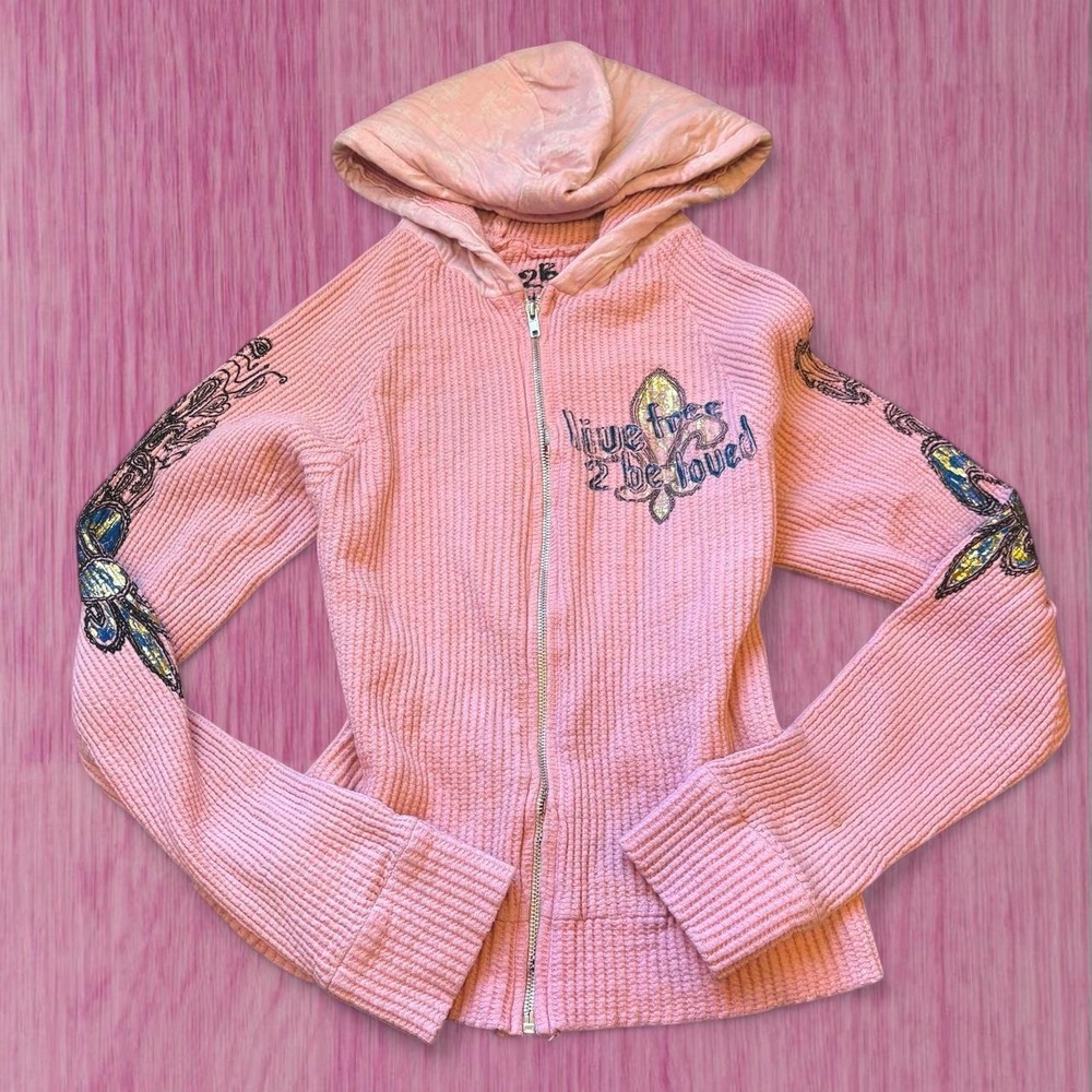 2B free 2000s fleur de lis pink zip up hoodie